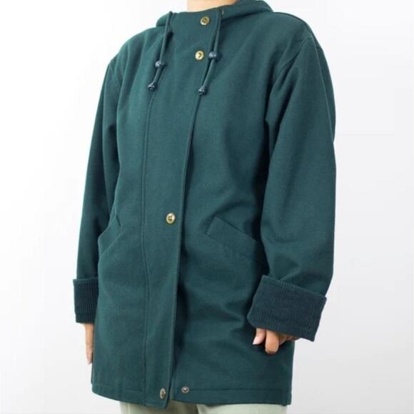 Herman Kay Wool Hooded Long Coat 8 Vintage Kelly Green Corduroy European Parka - Picture 1 of 8